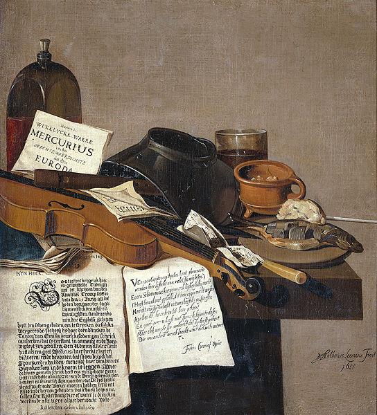 Anthonie Leemans Still life with a copy of De Waere Mercurius, a broadsheet with the news of Tromp's victory over three English ships on 28 June 1639, and a poem telli